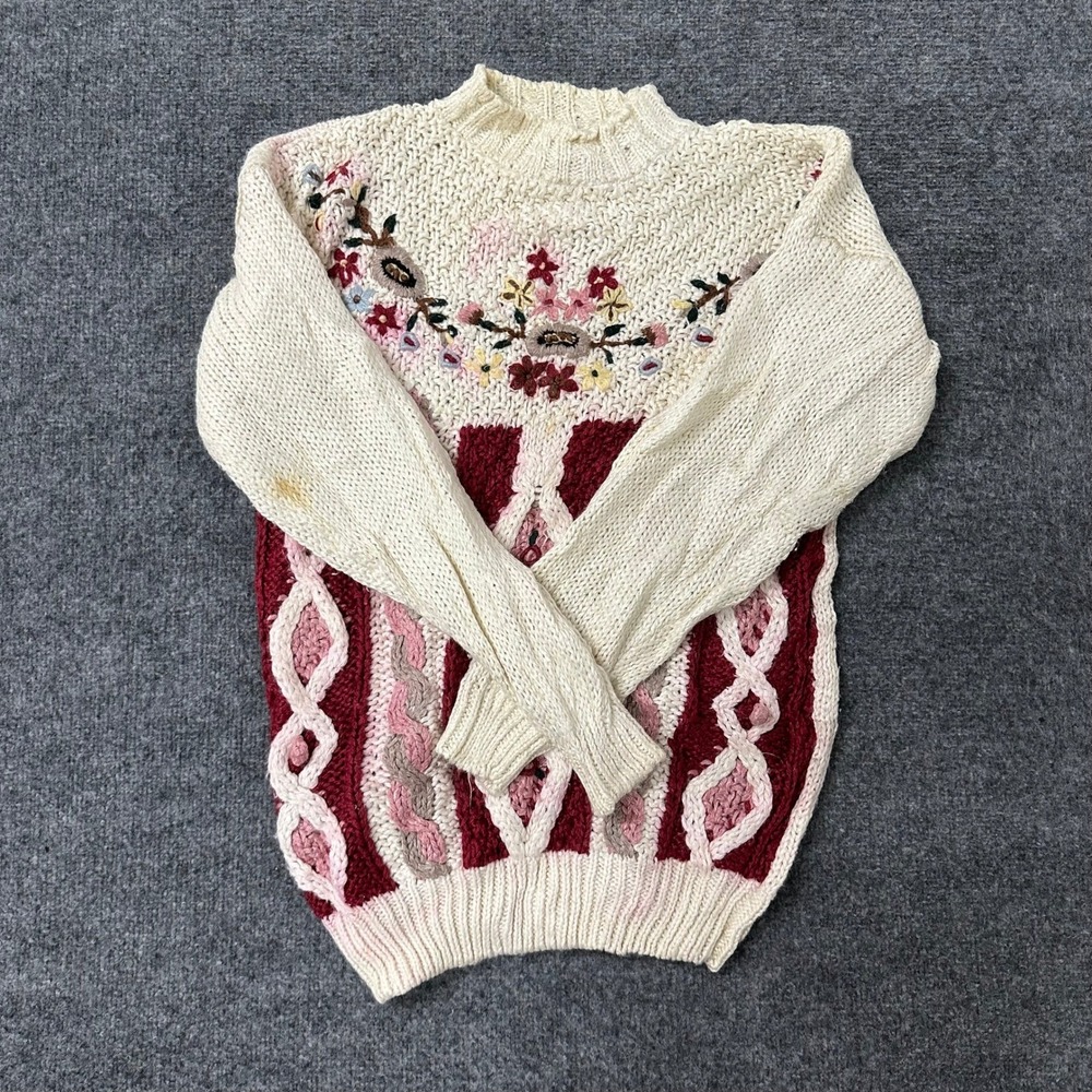 Cherry Stix Sweater Womens Size L Cream Burgundy Ramie Embroidered Floral Vtg